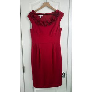 London Times Women's Red Sleeveless Sheath Dress Floral Neckline Size 10